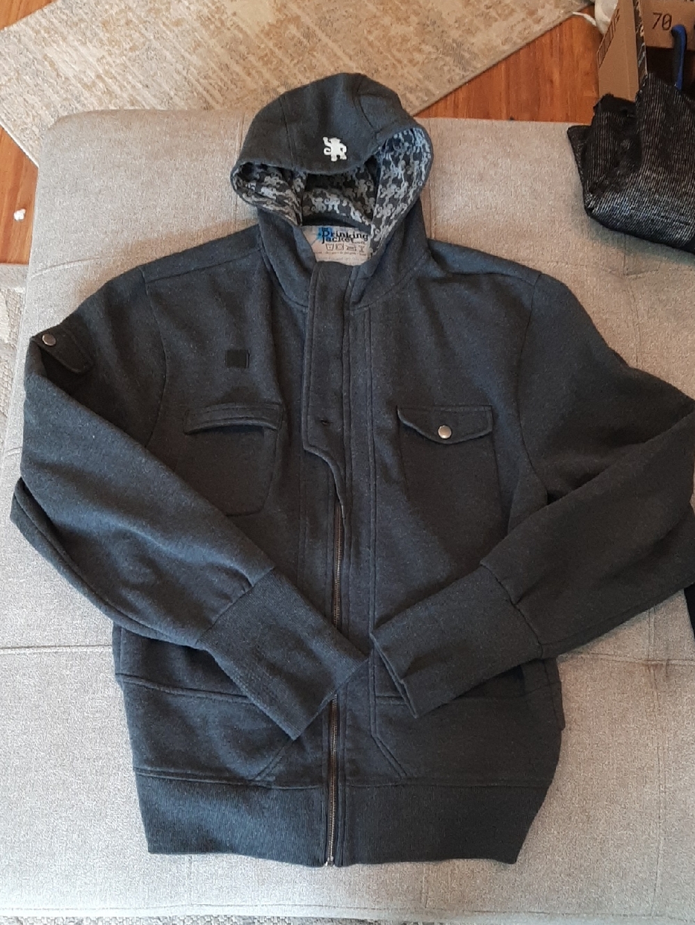 Dark Charcoal Hooded Drinking Jacket with Patterned Hood Lining